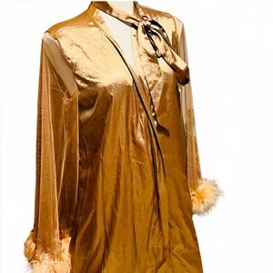 VTG, Glamorous 70s gold and tan faux fur robe with feather trim.